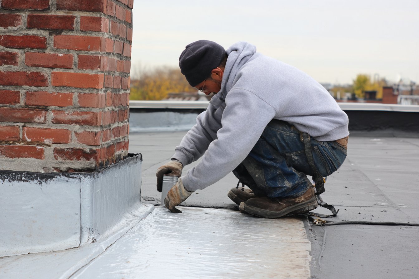 Flat Roofers NY roofer sealing an open membrane seam on the flat roof of a Queens walk-up apartment building, bulkhead and parapet in view