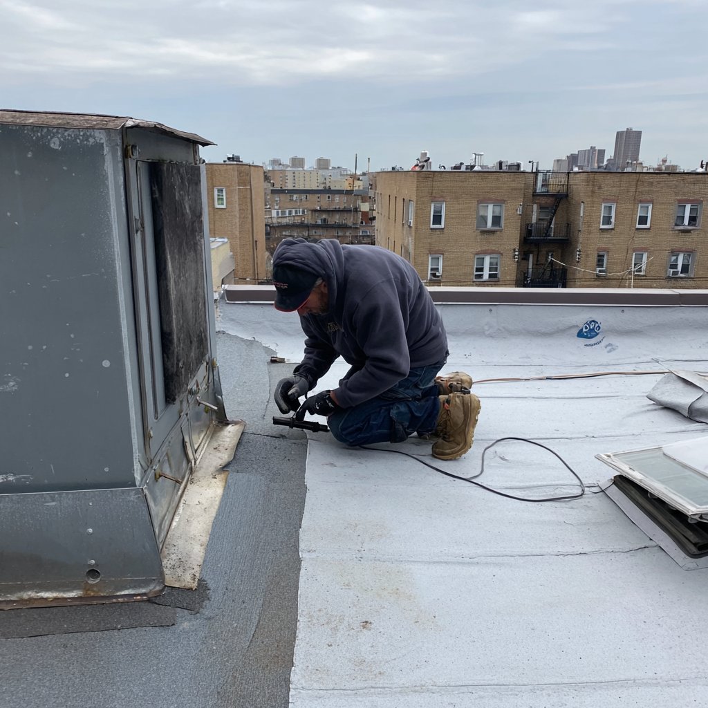 Roofer on the flat roof above a ground-floor storefront and occupied apartments in Arverne, Queens, with the roof hatch open beside him