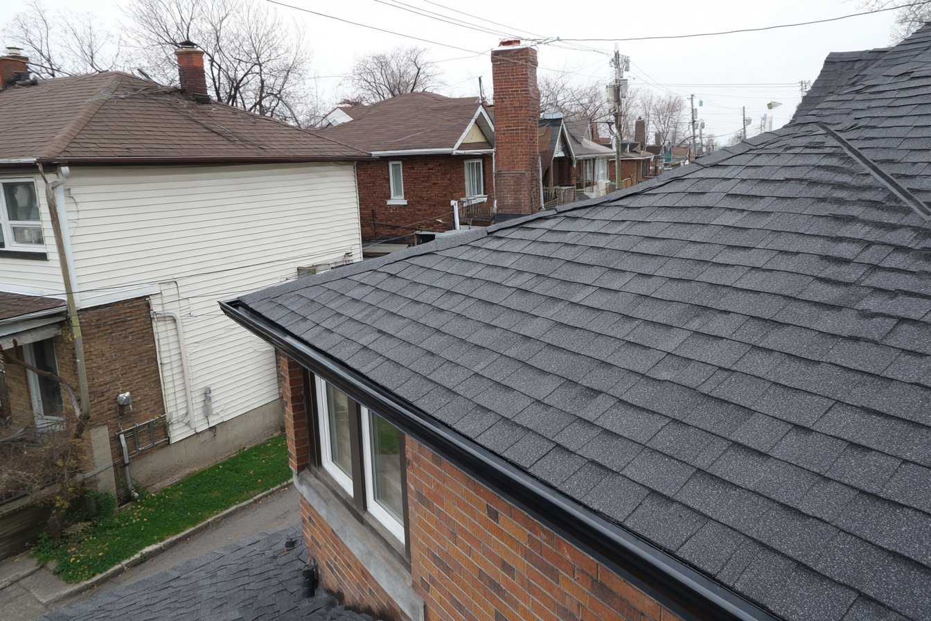 New architectural asphalt shingle roof on a detached Queens house, with fresh ridge cap and drip edge