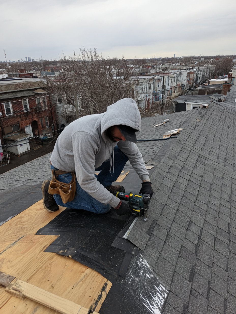 Close-up of a roofer nailing architectural (dimensional) asphalt shingles over synthetic underlayment on a Queens house