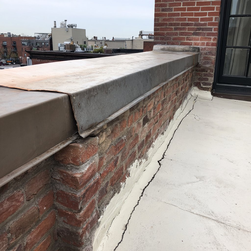Close view of a parapet coping and base flashing on a flat Astoria roof, with a cracked membrane seam beside a fresh white cool roof coating
