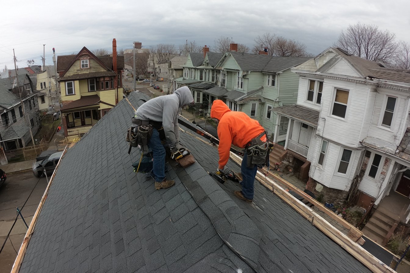 Flat Roofers NY crew replacing asphalt shingles on the pitched roof of a detached Bayside house, with the flat roofs of neighbouring row houses behind