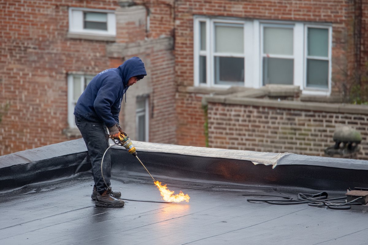 Roofer torching down a new modified bitumen membrane on the flat roof of an attached brick row house in Bayside