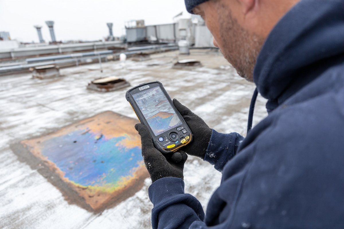 Technician holding an infrared camera over a commercial flat roof in Queens, the screen showing wet insulation under the membrane
