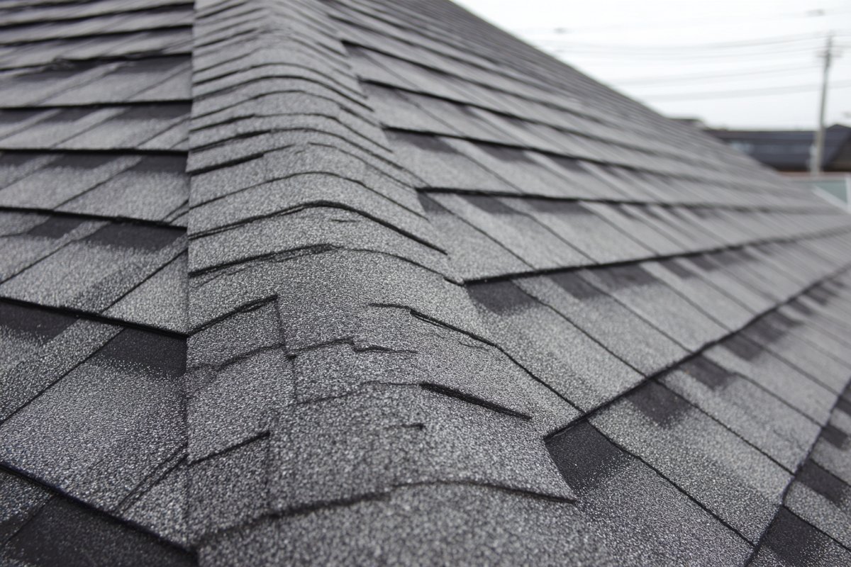 Close-up of laminated architectural asphalt shingles showing their layered, dimensional profile