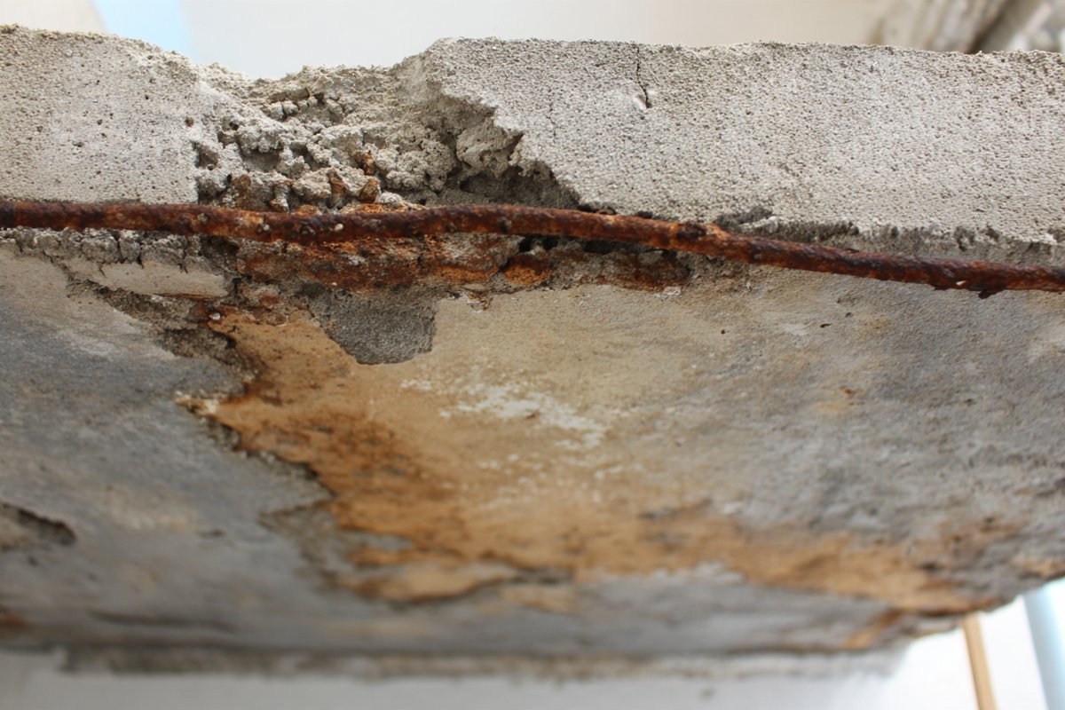 Spalled concrete with exposed, rusting rebar on the underside of a leaking roof slab