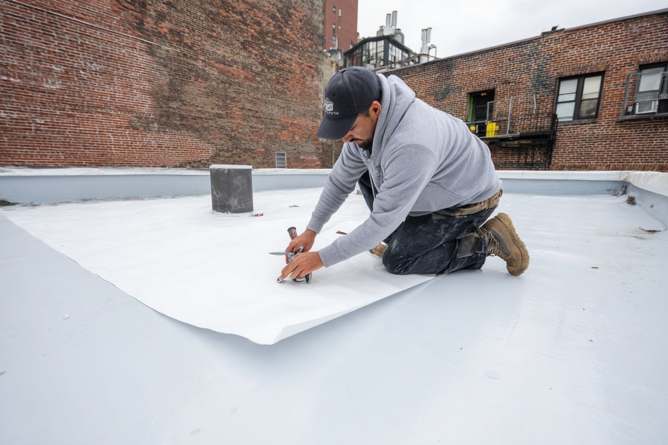 Roofer pressing a new fully adhered membrane onto a primed concrete roof deck on a Queens apartment building