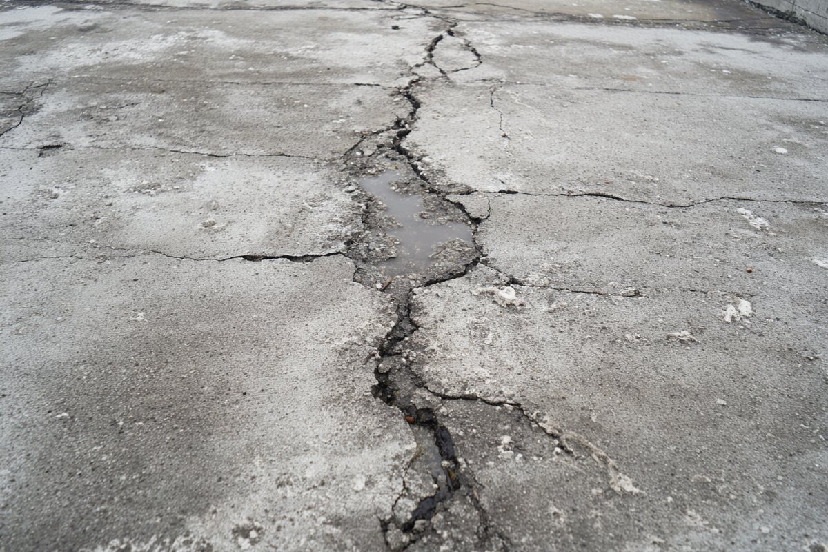 Close-up of a cracked concrete roof surface where water has soaked into the slab