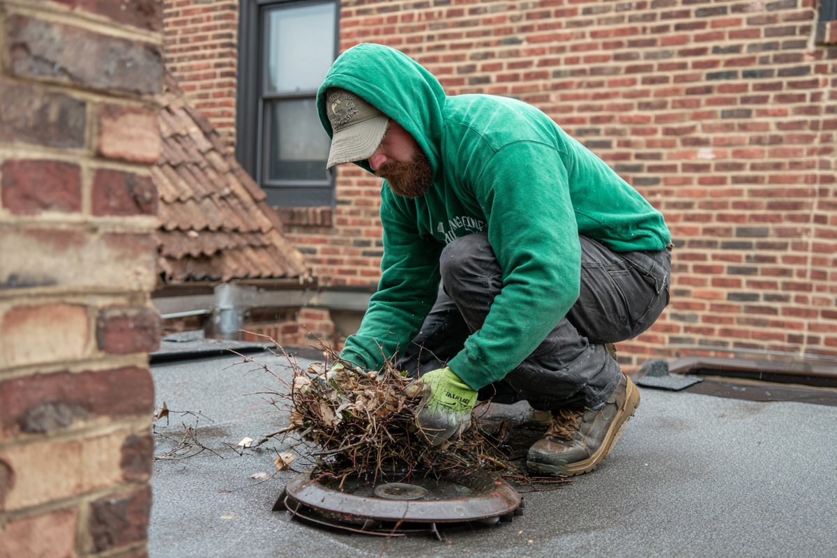 Roofer clearing twigs and leaves from the drain on the flat rear section of a Douglaston house