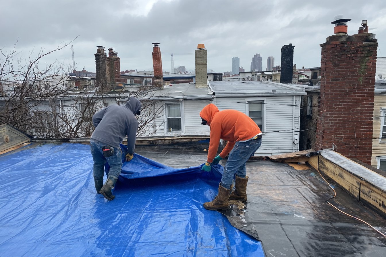 Flat Roofers NY crew tarping a torn membrane on a Queens row house flat roof during a rainstorm