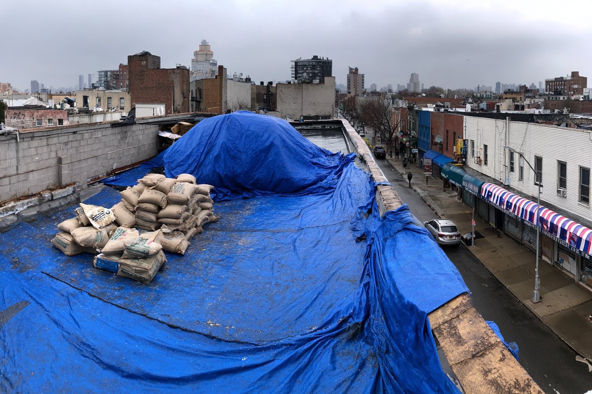 Weighted emergency tarp secured over a damaged flat roof on a Queens mixed-use building with storefronts below