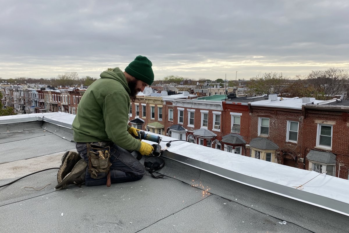 Roofer heat-welding a new TPO seam during the permanent flat roof repair after the roof has dried