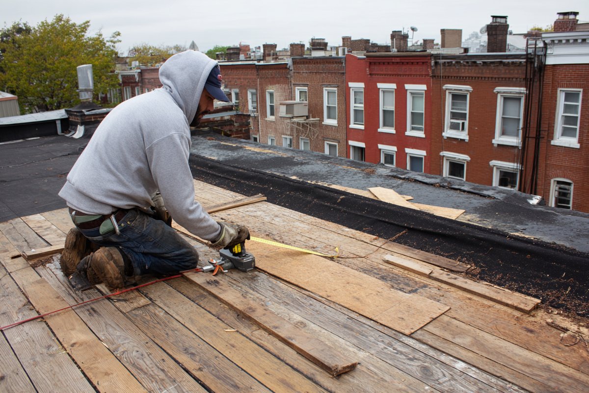 Roofer photographing and measuring exposed roof deck and wet insulation on a Queens flat roof before tear-off, for the insurance adjuster