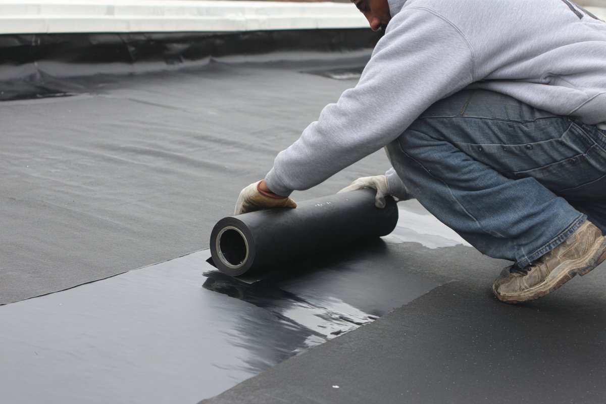 Close view of a primed EPDM seam with seam tape being rolled flat on a Queens flat roof