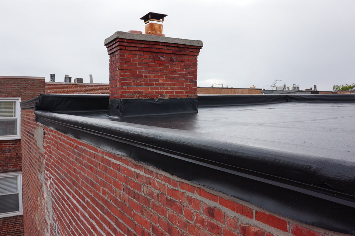 EPDM membrane run up a brick parapet wall with finished corner flashing