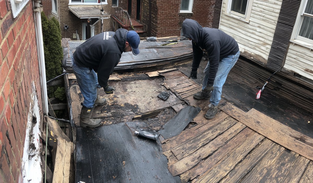 Crew tearing an old rubber roof off down to the wood deck boards on an attached brick home