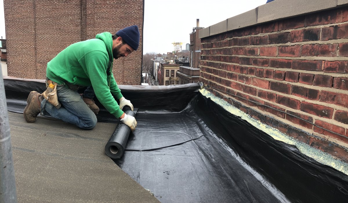 Roofer pressing seam tape onto a primed EPDM lap beside a brick parapet wall