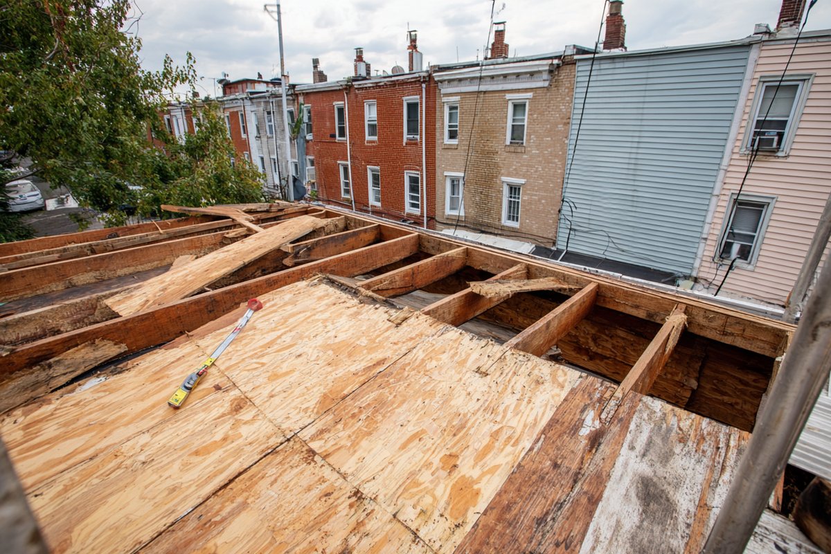 Exposed roof rafters and plywood deck on a Queens home, checked before concrete tile goes on