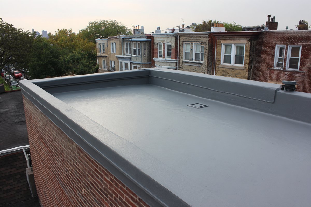 Well-kept flat roof membrane on a Queens rowhouse with clear drains and tight seams