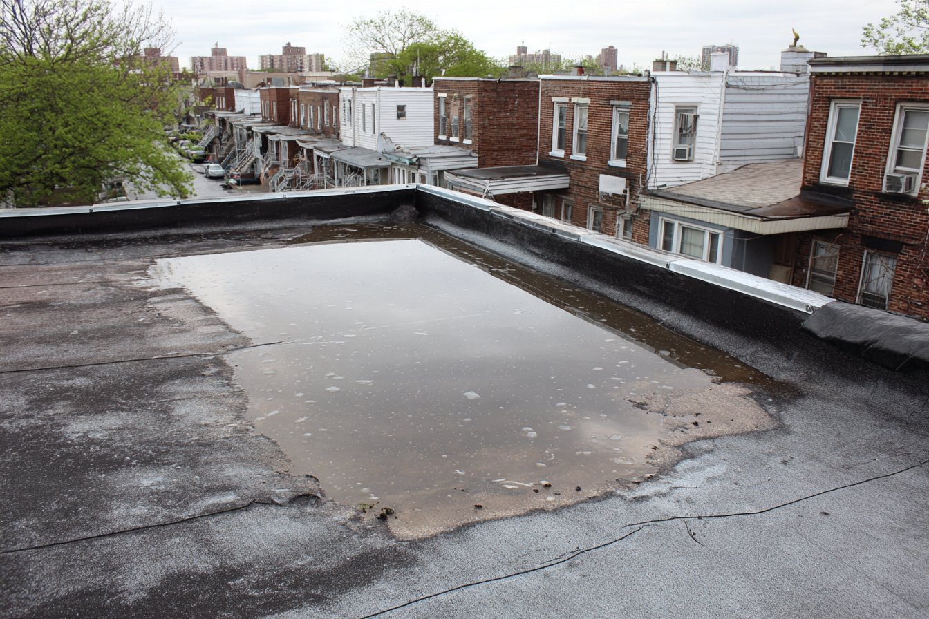 Standing water pooled in a low spot on a flat roof in Queens, two days after rain