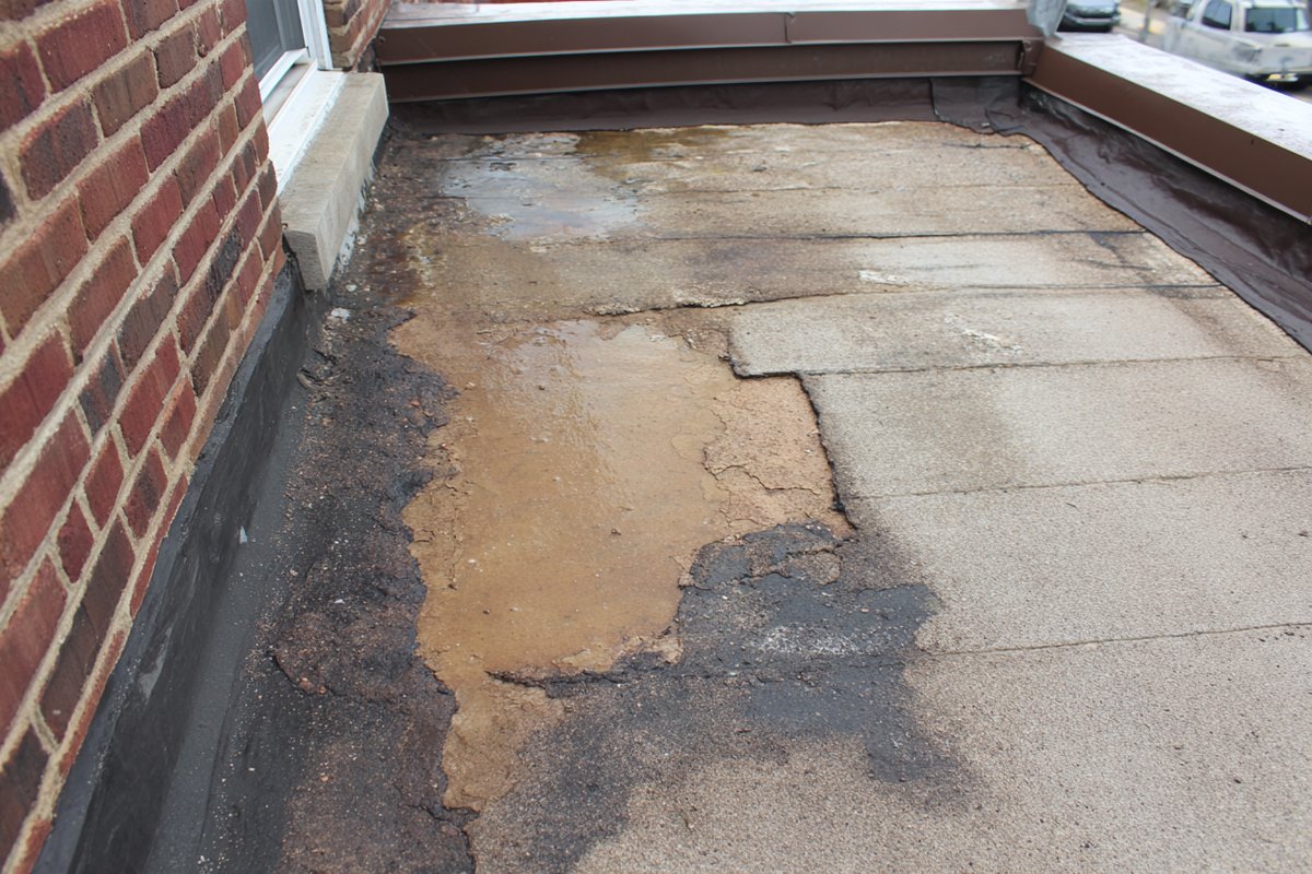 Blistered and cracked flat roof membrane where water stood for weeks on a Queens two-family home