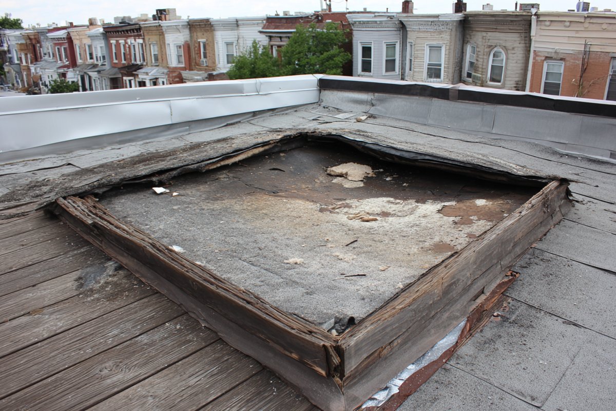 Queens flat roof with a section of old membrane and wet insulation cut out down to the deck