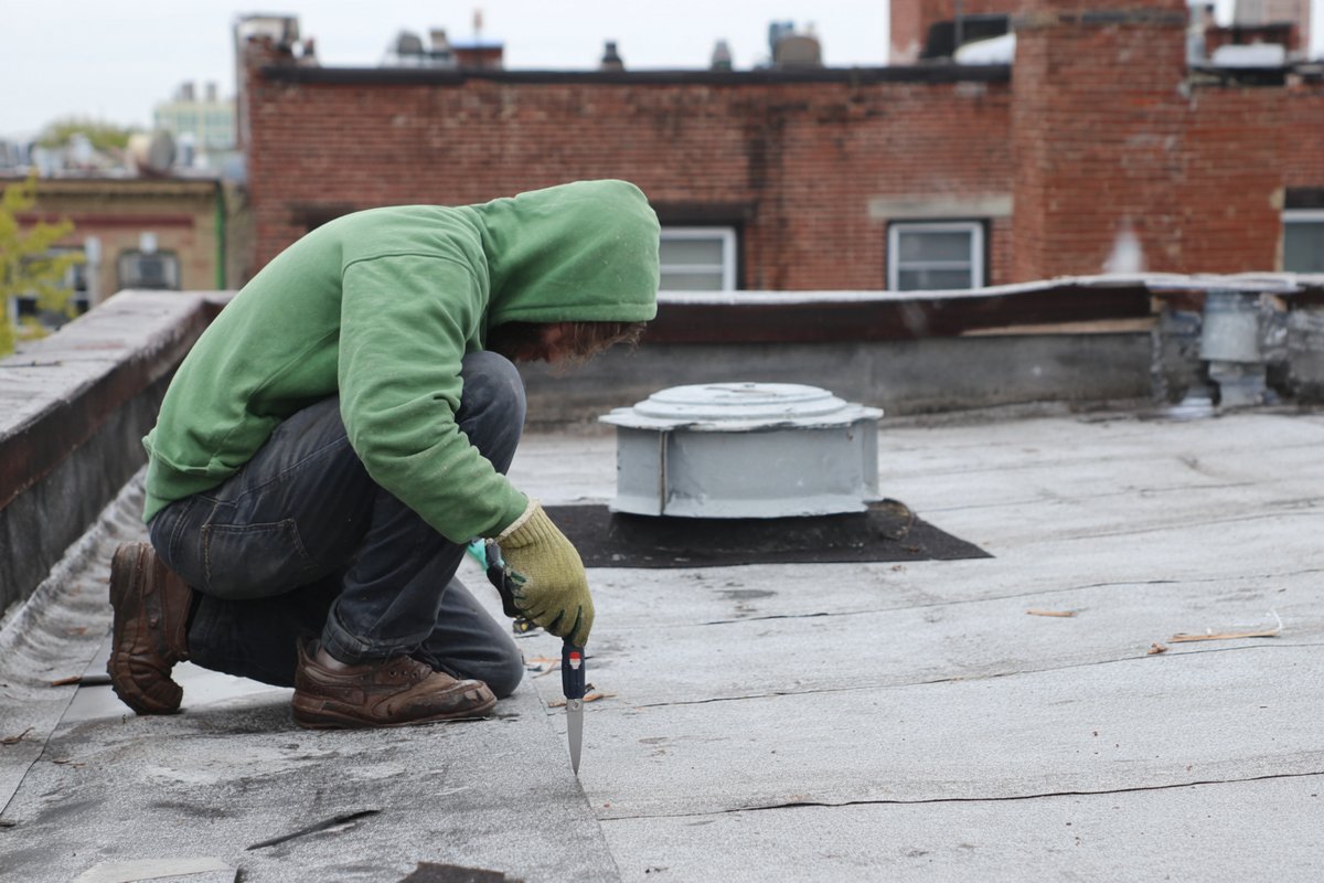Roofer cutting a core sample through an old Queens flat roof to count the layers of built-up roofing