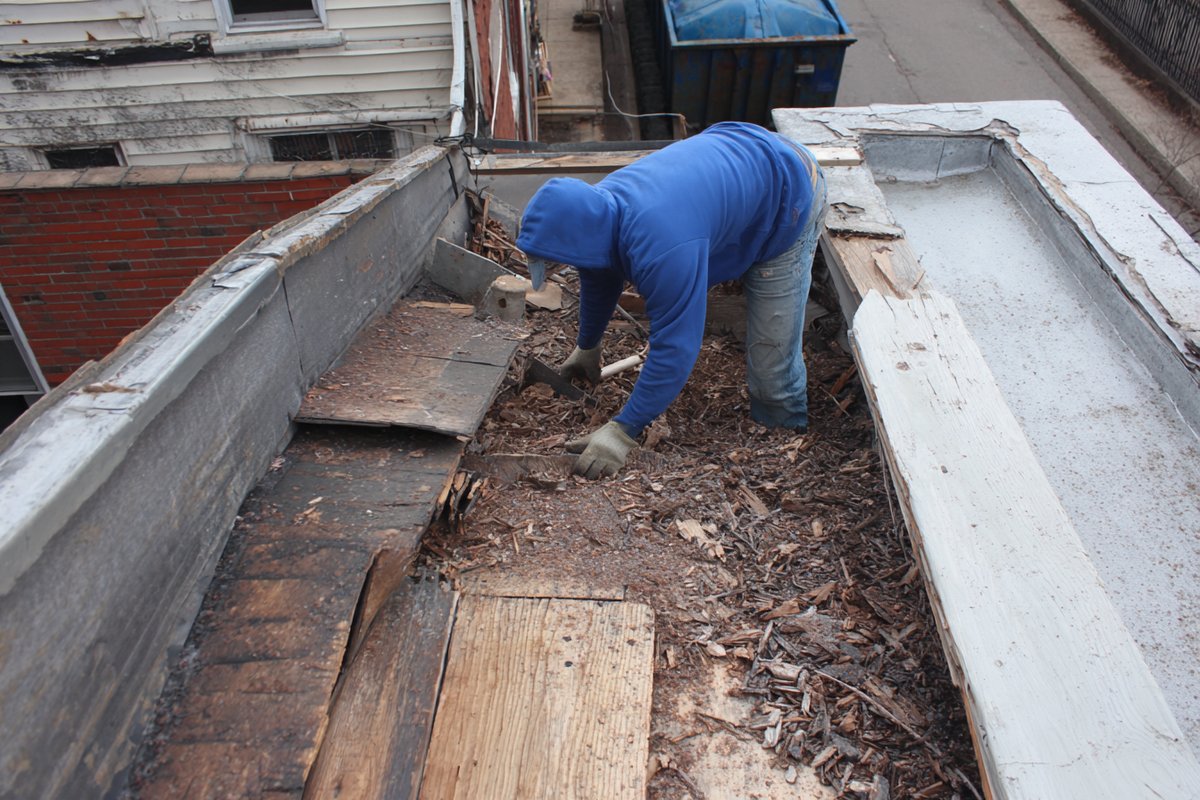 Old roofing layers stripped down to the plywood deck, with debris going into a container below