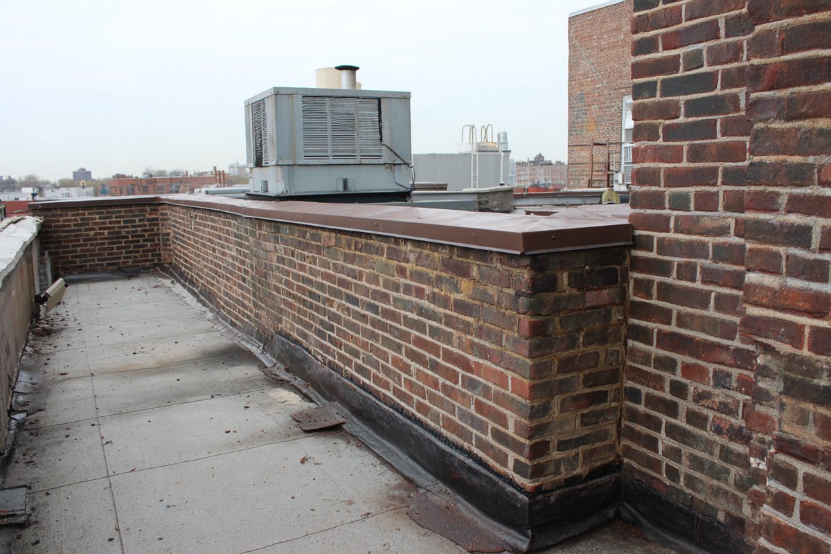 Brick parapet walls and a rooftop unit on a Queens mixed-use building's flat roof, ready for new flashing