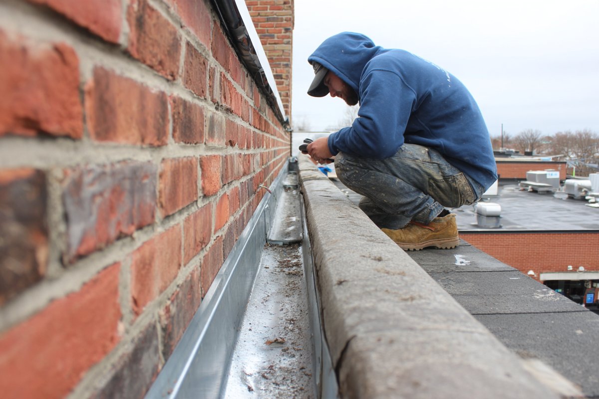 Roofer photographing a finished flashing repair at the parapet wall of a Queens commercial building for the owner's report