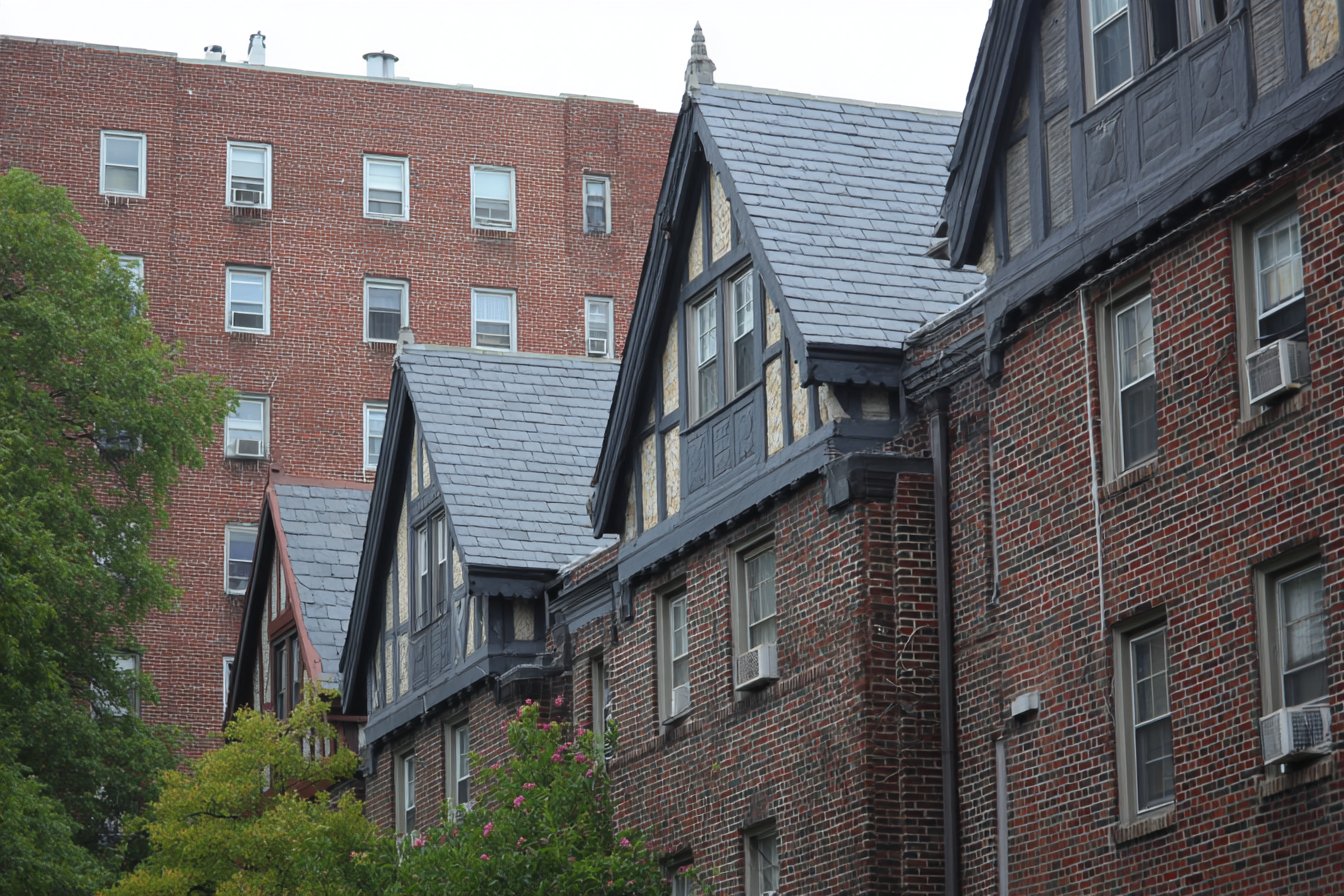 Forest Hills roofline: steep slate roofs and gables on Tudor-style houses in front of a pre-war brick apartment building with a flat roof behind its parapet