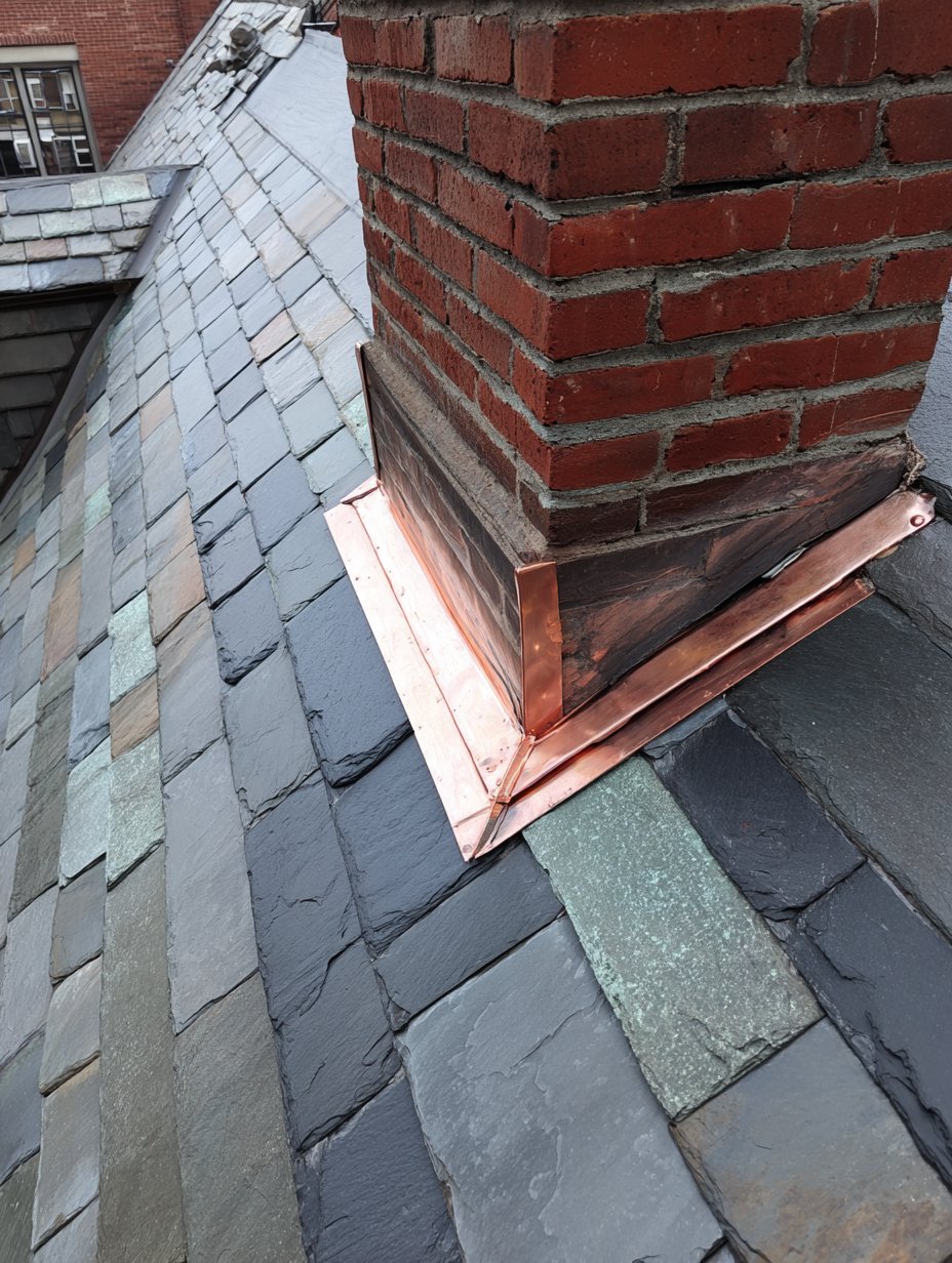 Close-up of a Tudor-style slate roof in Forest Hills: one new grey slate slipped in among weathered ones, with fresh copper flashing along the chimney