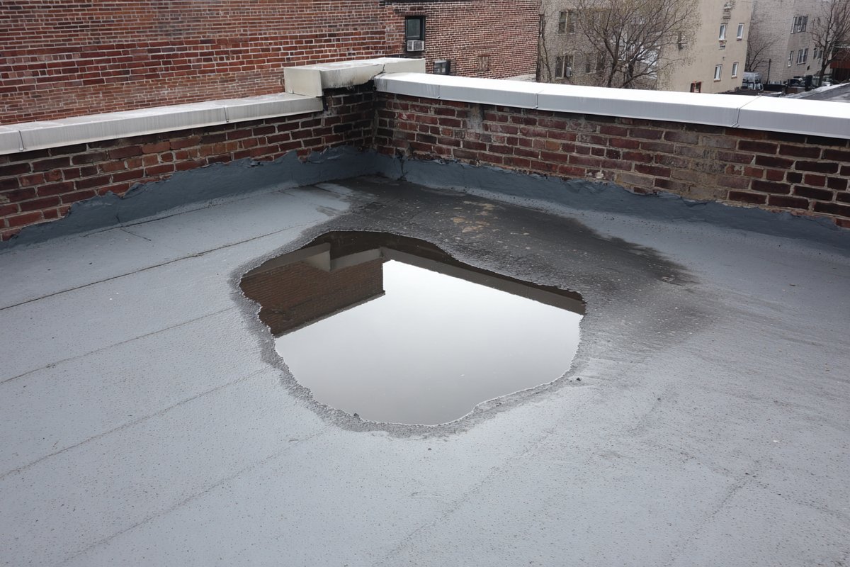 Standing water ponding on a flat membrane roof in Queens two days after rain