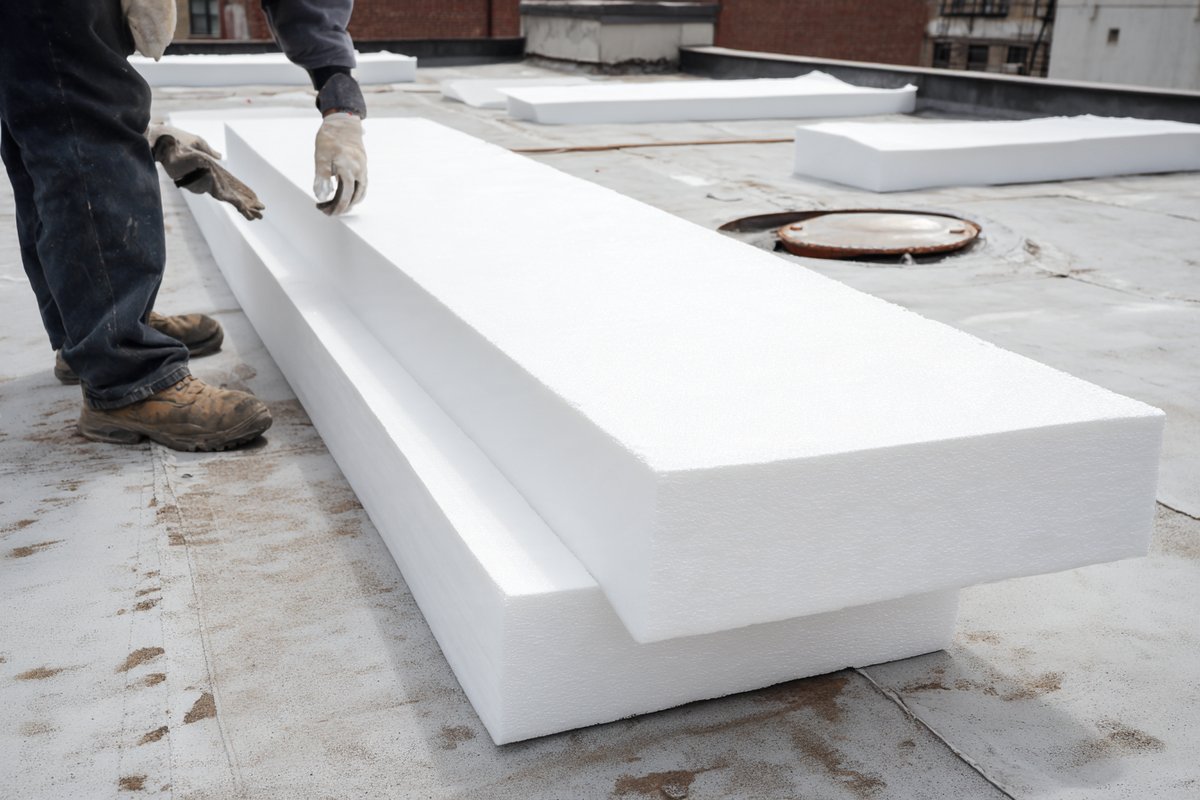 Tapered insulation boards laid on a flat roof, falling toward a roof drain