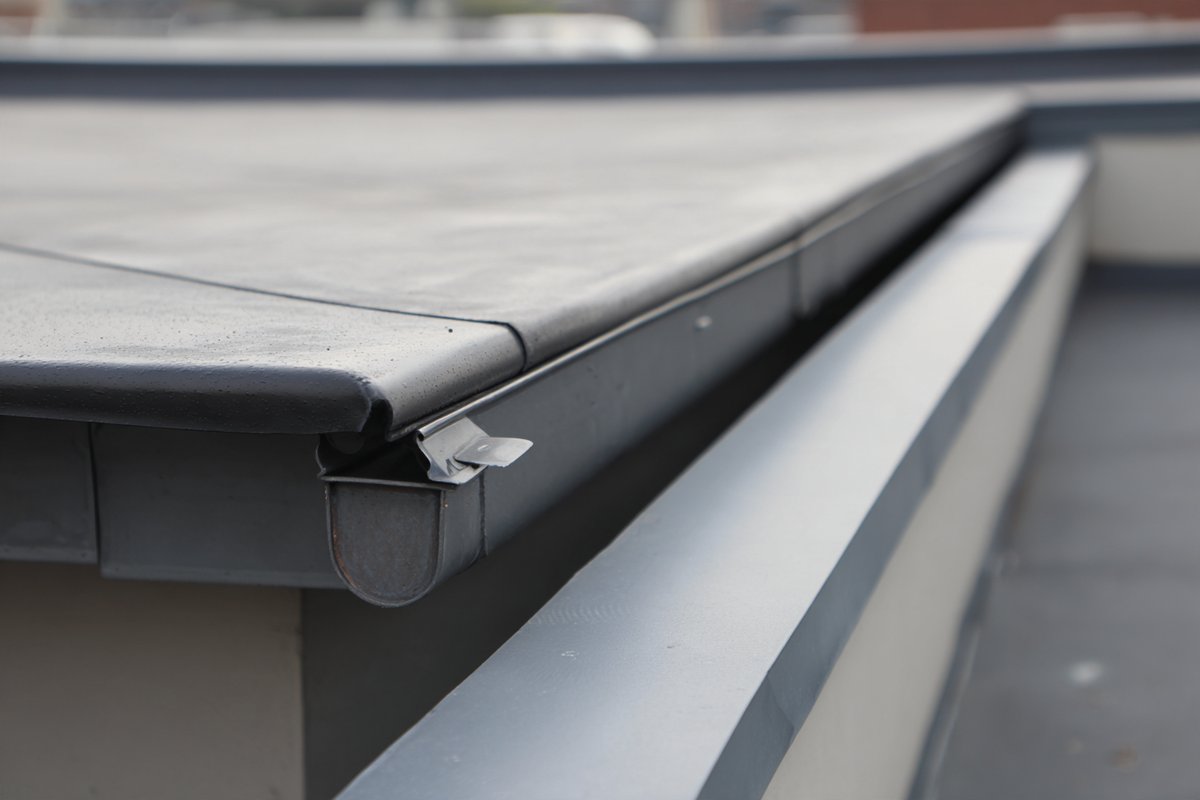 Finished metal edge on a flat roof, the membrane stripped in over the flange and the drip leg over the gutter