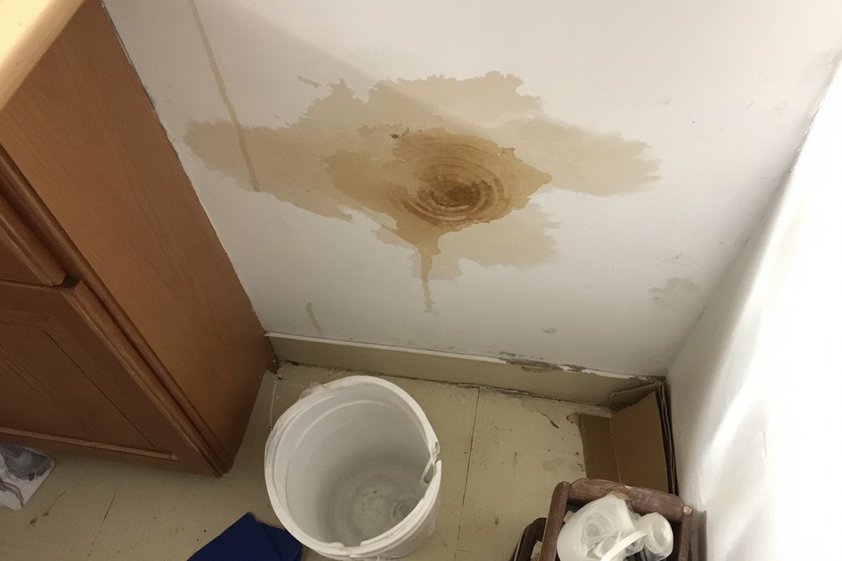 Bucket catching a ceiling drip under a spreading water stain in the top-floor room of a Queens two-family house, furniture moved aside
