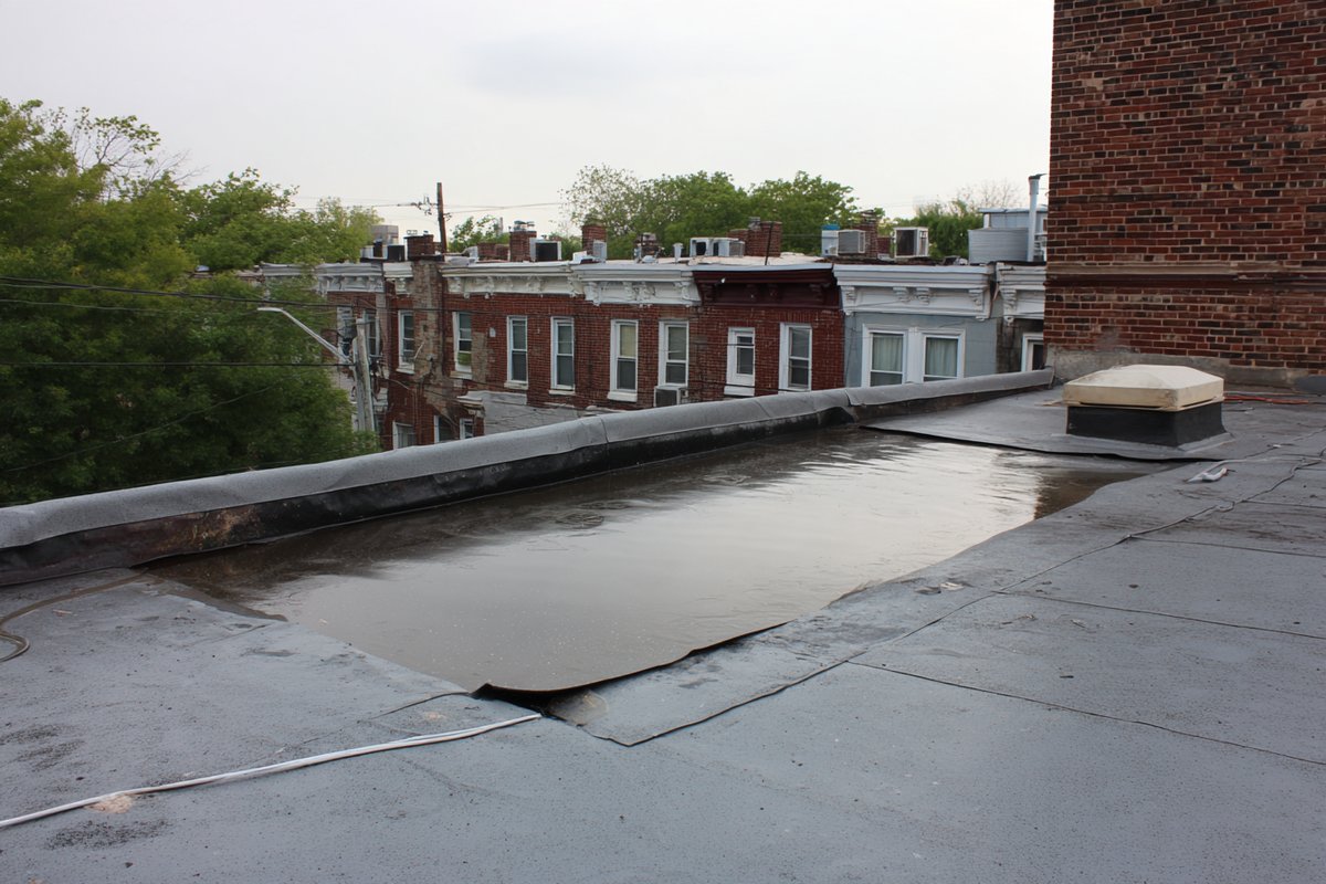 Ponding water and an open membrane seam on a Queens flat roof, several feet from the spot above the ceiling stain