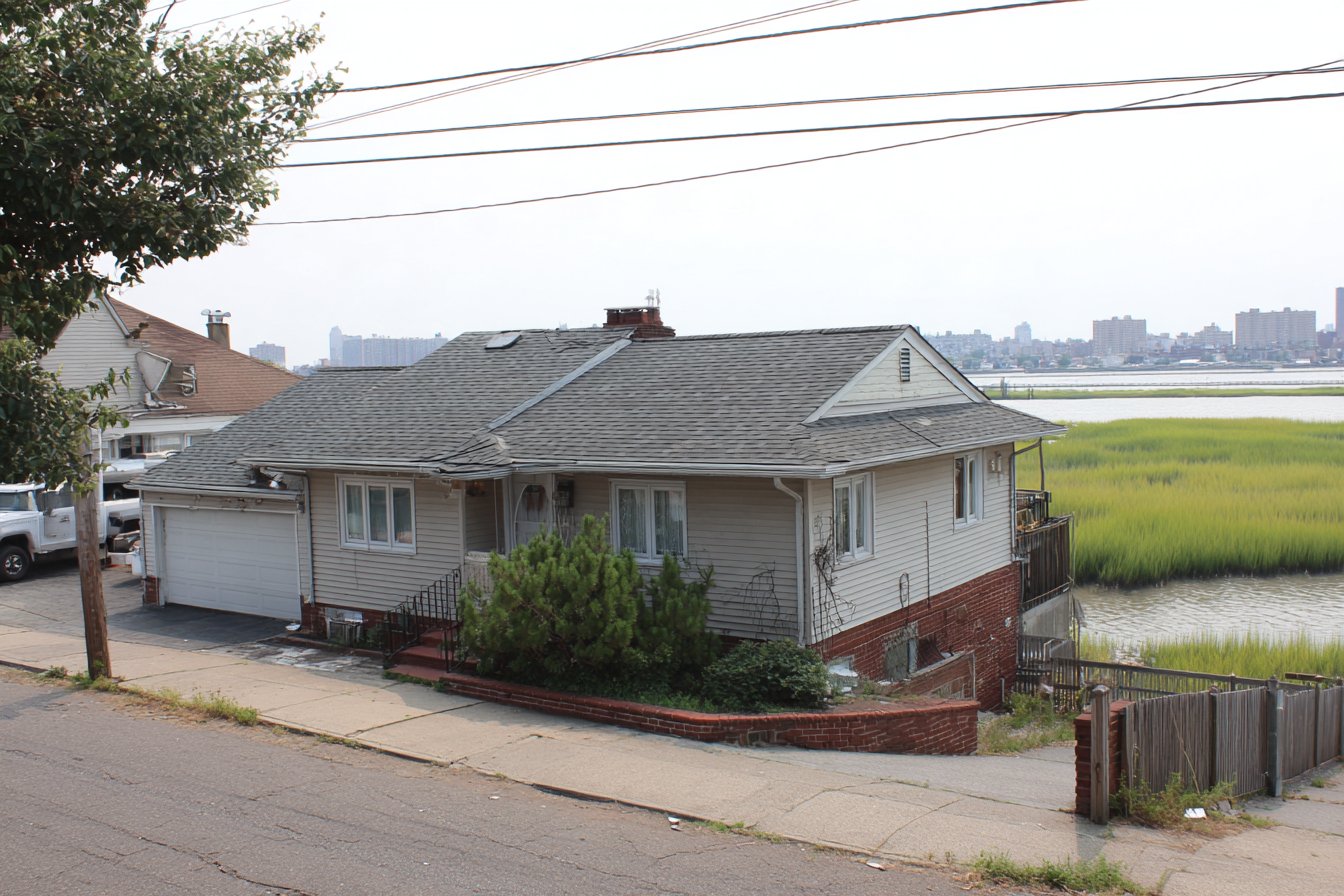 A Howard Beach high ranch house with an asphalt shingle roof and a flat-roofed attached garage, the Jamaica Bay marsh grass visible past the end of the street
