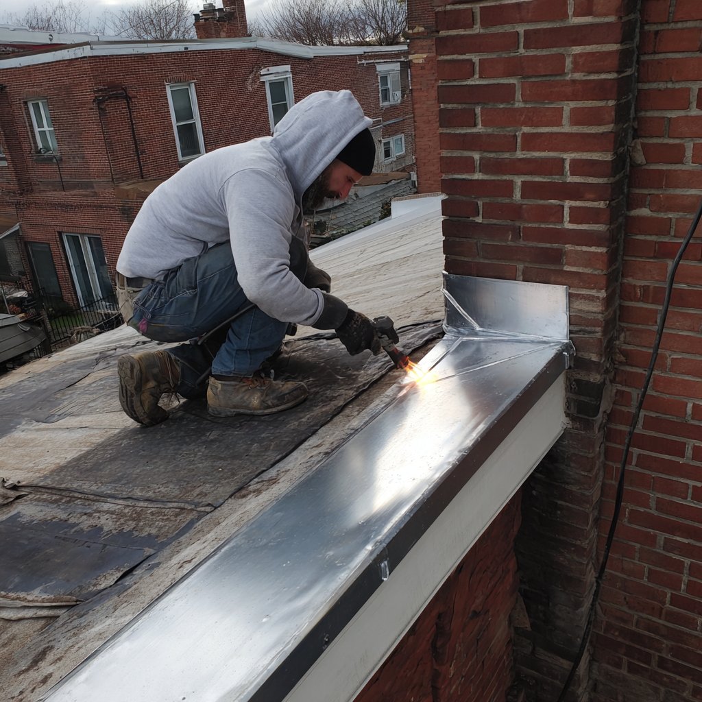 Roofer torching down a modified bitumen cap sheet on the flat roof of a semi-detached house in Howard Beach, new flashing run up the parapet wall