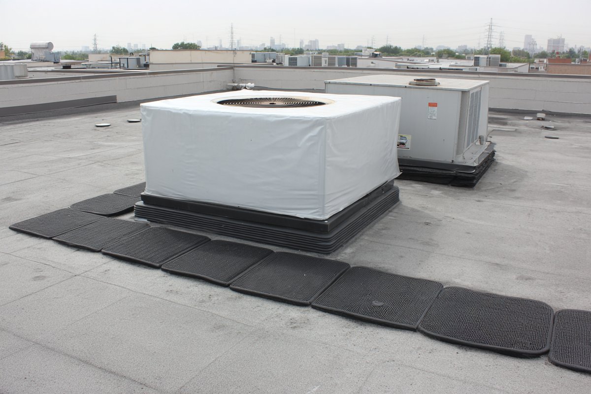 New membrane flashing wrapped around rooftop HVAC unit curbs, with walkway pads leading to a roof drain on a Queens factory roof