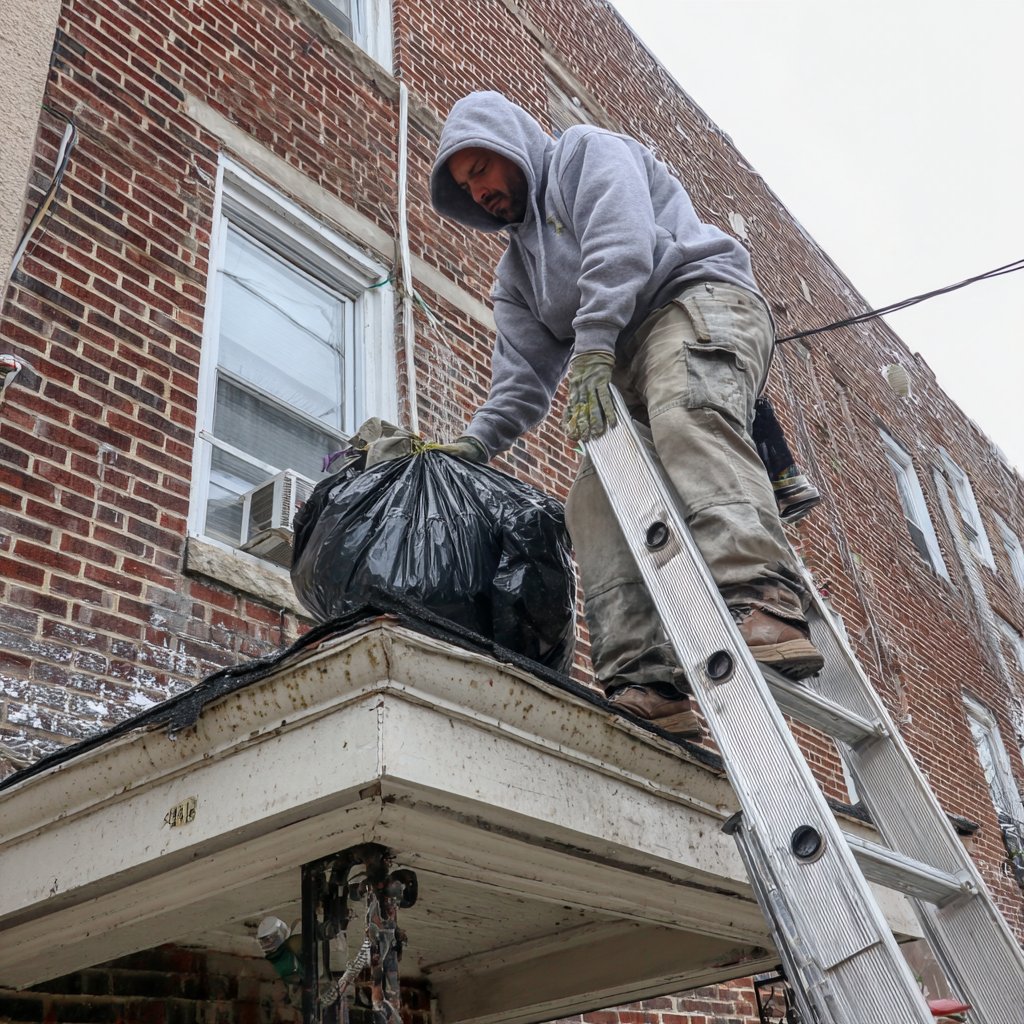 Roofer lowering bagged tear-off from a flat row house roof in Jamaica, Queens, on the owner's side of the parapet, a ladder set against the front of the house
