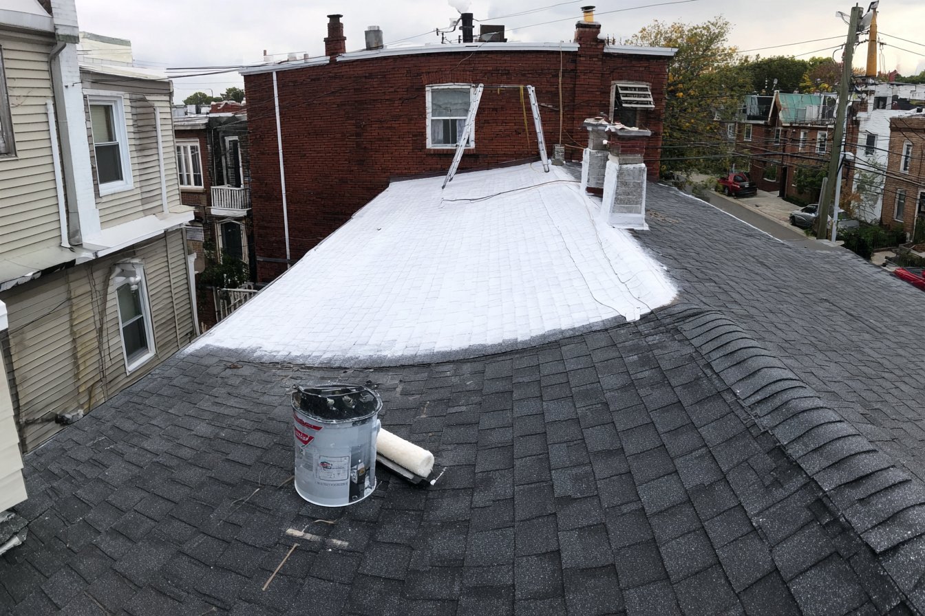 Asphalt shingle roof on a Queens house with a fresh white elastomeric liquid coating rolled over the shingles