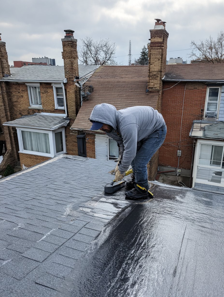 Roofer mid-application, rolling liquid silicone coating over asphalt shingles on a Queens house roof