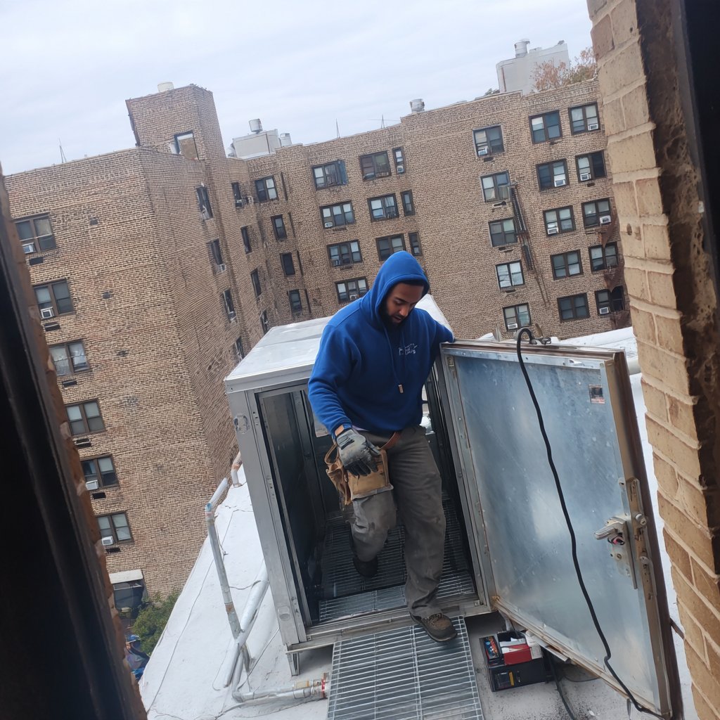 Flat Roofers NY roofer stepping out of the roof bulkhead door onto the flat roof of a Long Island City mixed-use building, with tenants' windows below