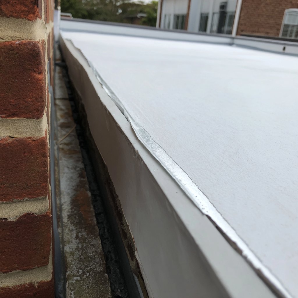 Close-up of a finished heat-welded seam meeting new flashing wrapped over a parapet wall