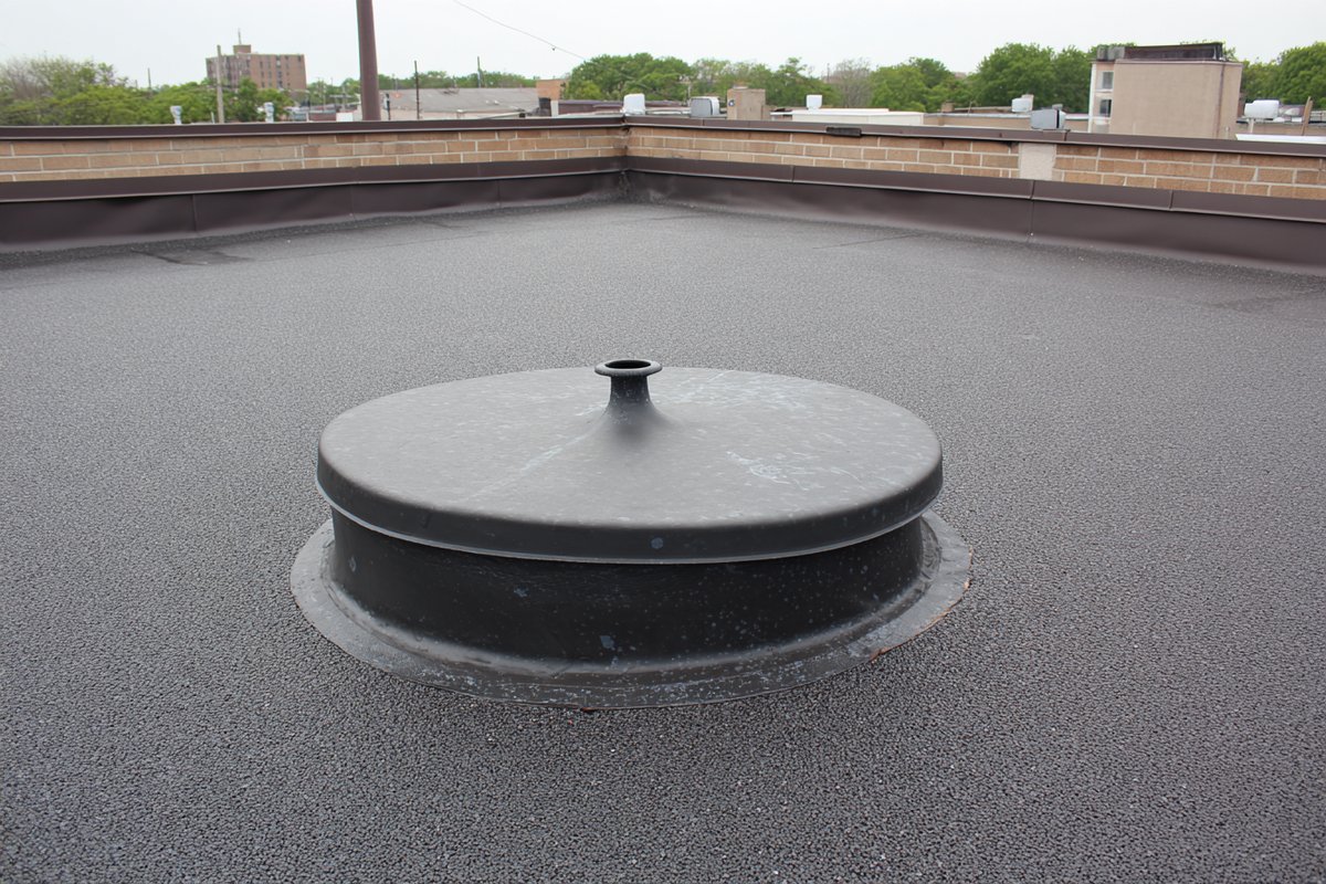 After: dry modified bitumen cap sheet around a new roof drain in Howard Beach