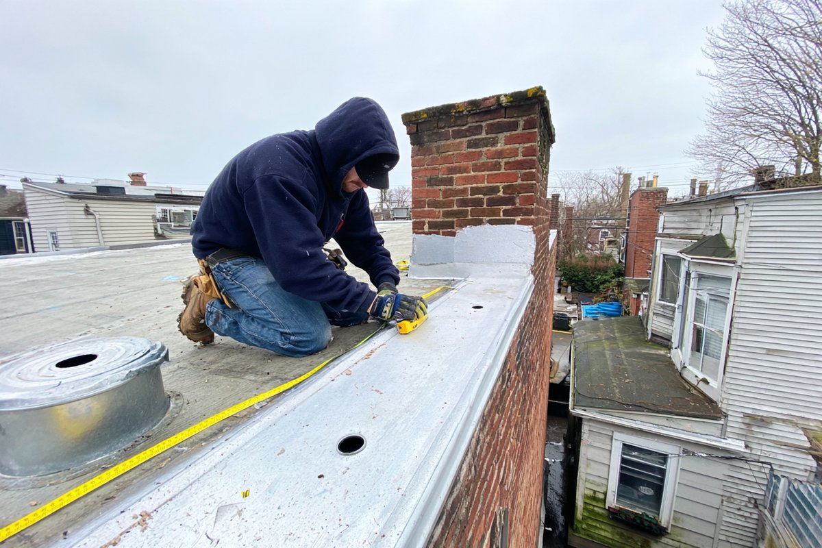 Roofer measuring a flat roof with a tape before writing the itemized quote, roof hatch and drain in view