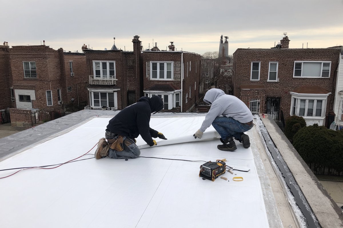Crew rolling out a new TPO membrane during a full flat roof replacement on a Queens two-family home