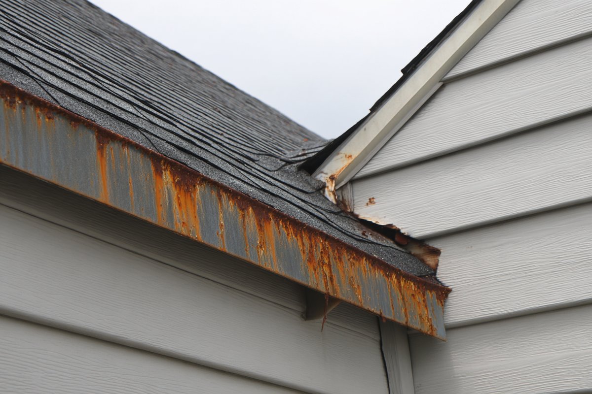 Close-up of rusted step flashing where a pitched shingle roof meets a dormer sidewall on a Queens house