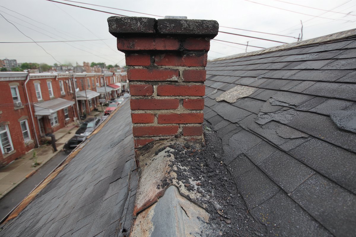 Worn roof valley where two slopes meet beside a brick chimney with loose flashing